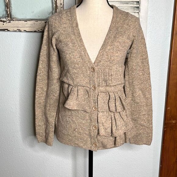 Moth Cardigan Sweater Beige Wool Blend Ruffle Womens Size Small - Picture 1 of 9